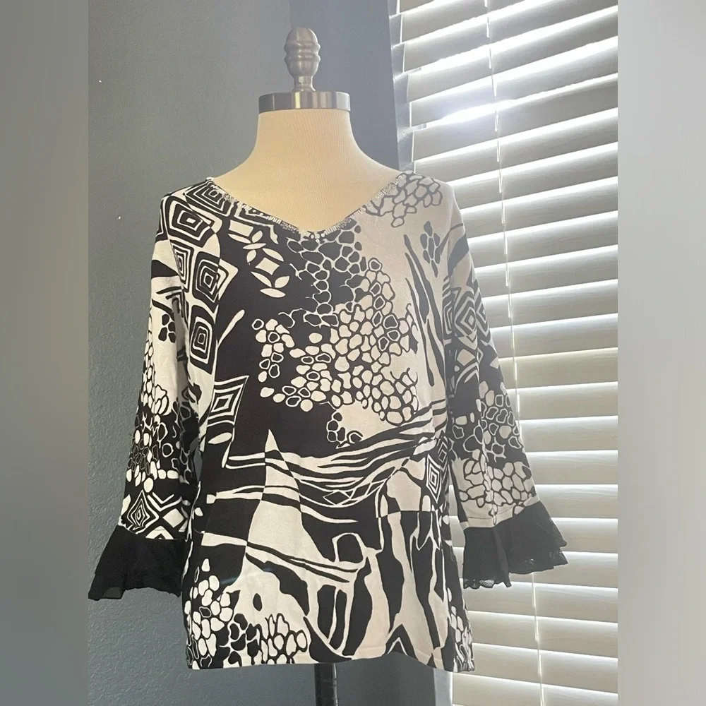 a la Carter blouse women’s size large black-white top 3/4 sleeve ruffle - Picture 15 of 15